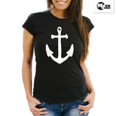 Damen T-Shirt Anker Anchor Stern Vintage Slim Fit Moonworks 