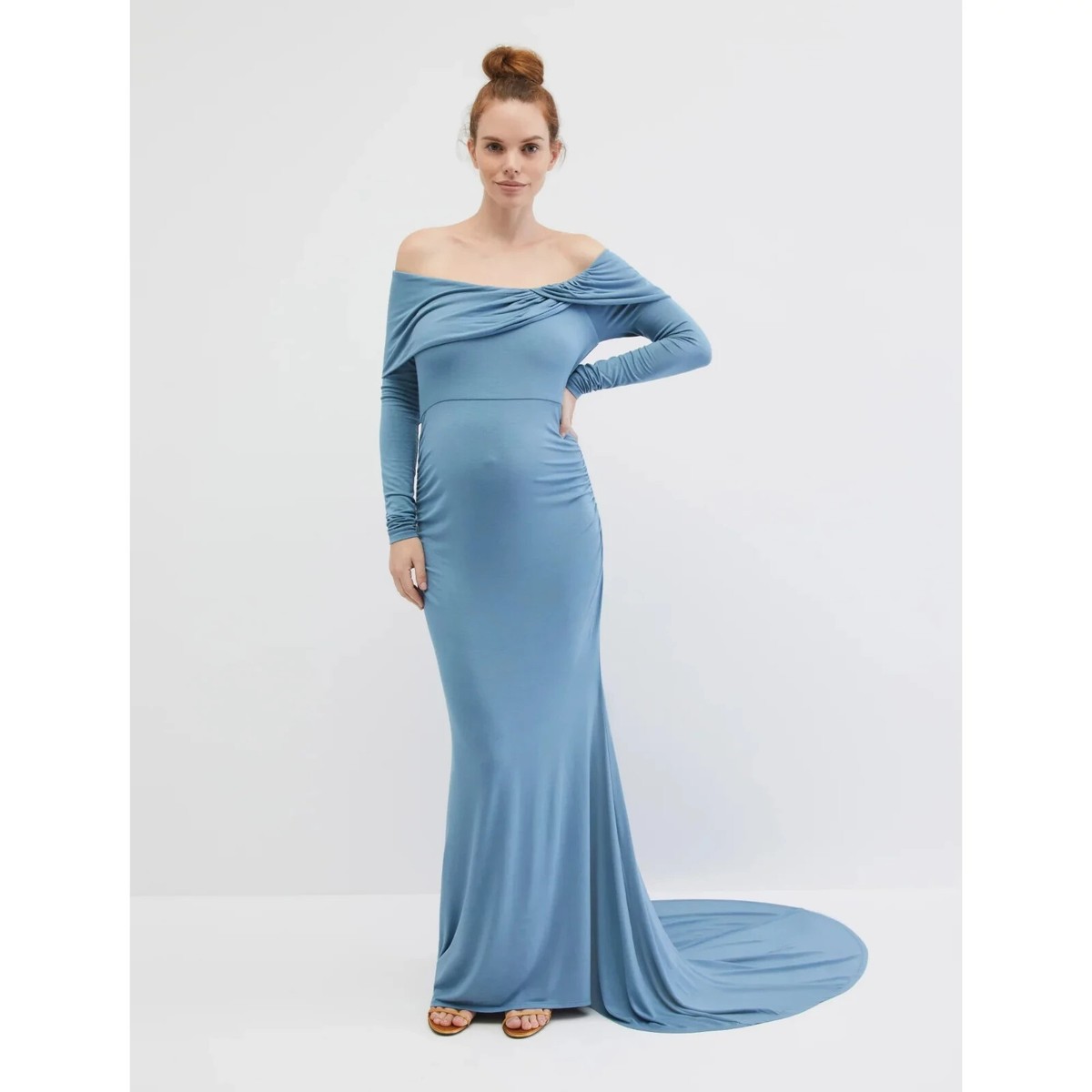 blue maternity dress off the shoulder Off-Shoulder Layered Short Sleeve Chiffon With Ruffled Hem, Suitable For Special Occasions Like Lawn, Beach, Garden 114cm;L PinkBlush Petite Blue Solid Off