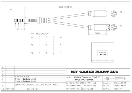 3.5mm 4 Conductor TRRS Y-Split:1 Male to 2 Female 4 Conductor Adapter Cable - Picture 2 of 2