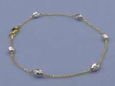 11" TWO TONE GOLD+STERLING SILVER ANKLE BRACELET w/SHIMMERY OVAL BEADS ITALY 925