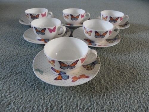 Laura Ashley Fine Bone China 2010, Tea Cup & Saucer Butterfly Design, Set of 6.