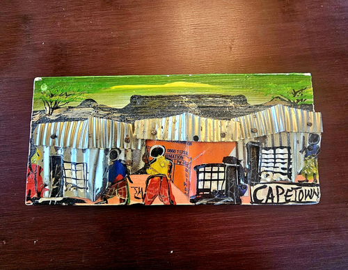2 mini pinturas sudafricanas madera 3D latas recicladas medios mixtos Ciudad del Cabo firmados - Imagen 2 de 13