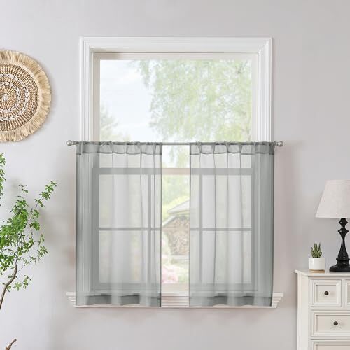 Sheer Tier Curtains Bathroom Curtain Tier Rod Pocket 30"W x 36"L Silver Grey - Bild 1 von 7