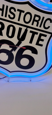 Historic Route 66 Neon Wall Clock Blue Light Up Blinking
