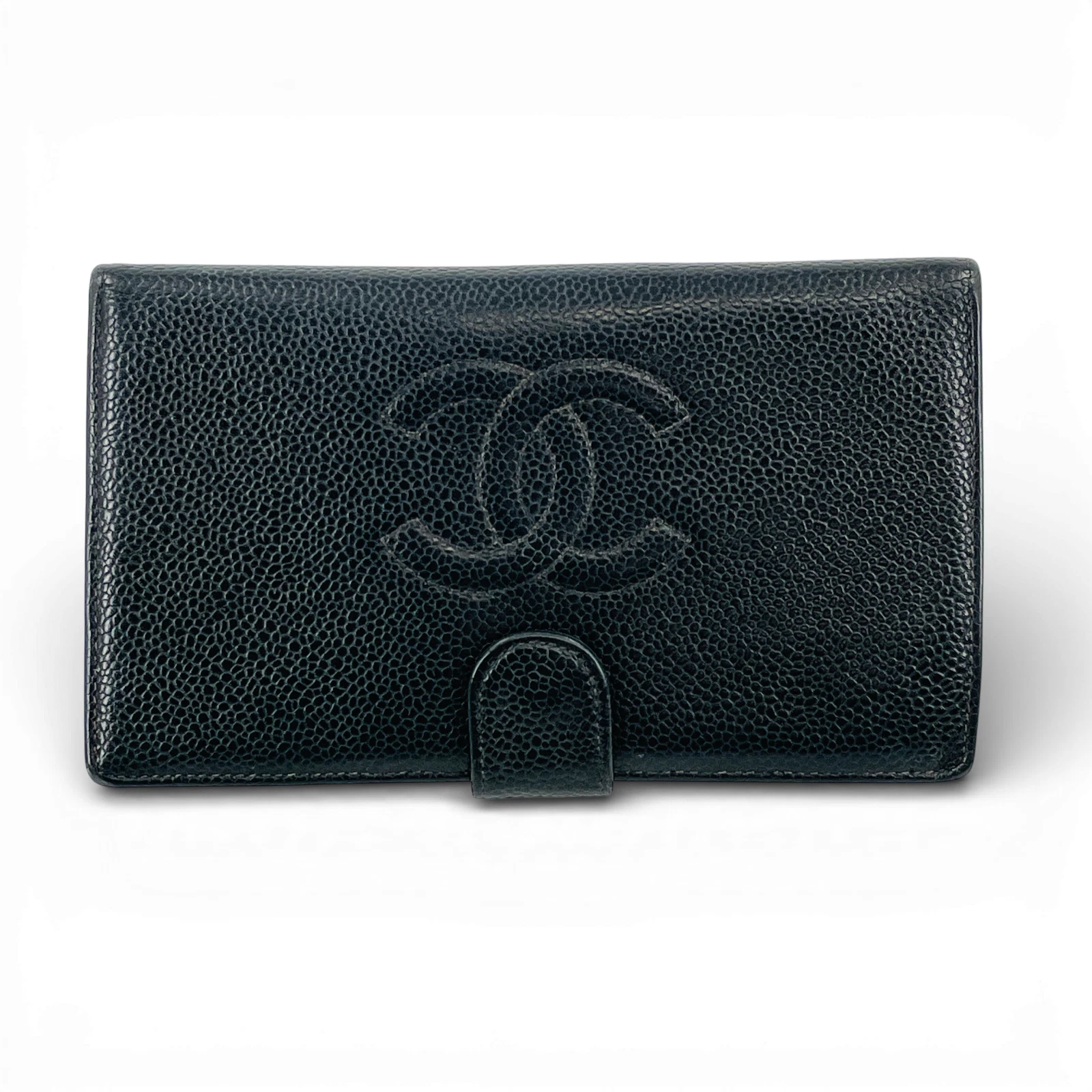 Chanel — Auth CHANEL Coco Caviar Skin Black Long Bifold Wallet SJW326