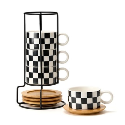 LUKA 6 Ounce Ceramic Stackable Black and White Checkered 4WG-White &
