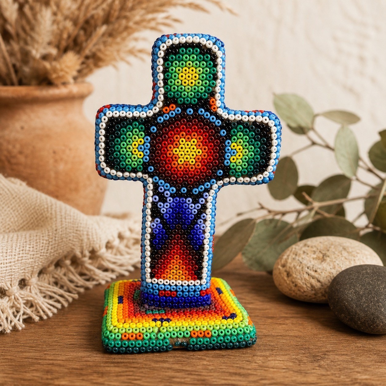 Huichol Style Handmade Beaded Cross Decor Rainbow Folk Art Boho Southwestern