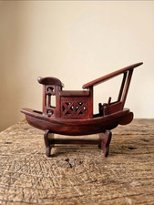 Vintage Rosewood Chinese Junk Boat Hand Carved Wooden Ship Figurine on Stand