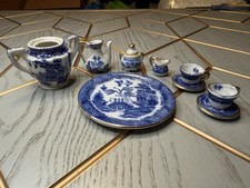 Vintage Blue Willow Miniature Doll Tea Set Gold Trim 10 Pieces Porcelain