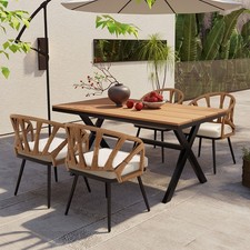 Contemporary Outdoor Set PE Rattan Chairs Plastic Wood Table, Garden/Lawn