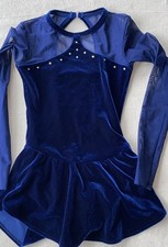 Blue Velvet Long sleeve figure skating dress with Swarovski Crystals Girls