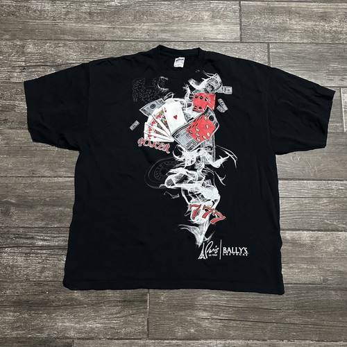 Bally, Y2K LAS VEGAS CASINO PARIS BALLY'S BLACK TABLE GAMES CARDS SMOKE T-SHIRT TEE XXL