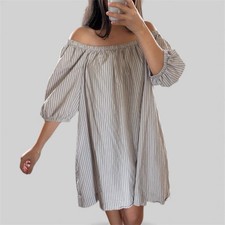 Old Navy Gray Striped Elastic Off the Shoulder Dress Women’s Large 100% cotton