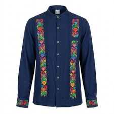 Mexican Guayabera Shirt XL Navy Blue Cotton Floral Embroidered Boho Folk Wedding