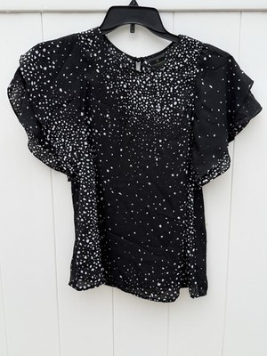 Worthington Black And Gray Gorgeous Sheer Blouse Double Ruffle Short Sleeve