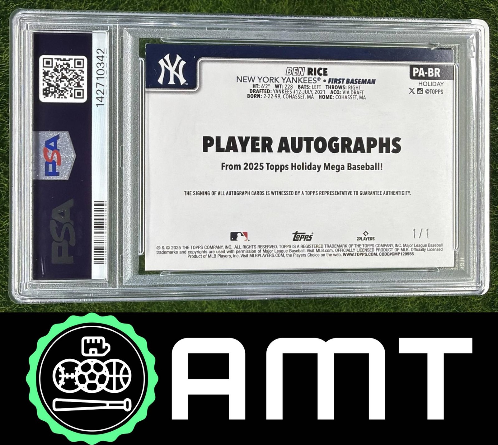 Ben Rice RC Auto PSA 7 2025 Topps Holiday 1/1 Golden Glitter Yankees 0342 view 2