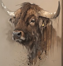 Highland Bull Wall Art Print – Rustic Farmhouse Animal Poster Abstract Decor A1-