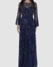 Aidan Mattox Women's Blue Long-Sleeve Round-Neck Beaded Gown Dress Size 2