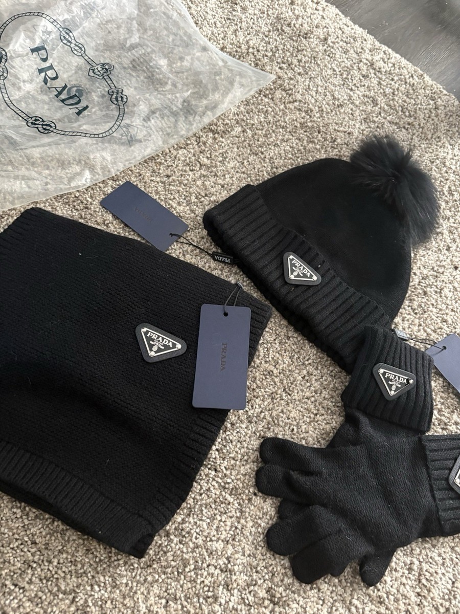PRADA Black Knit Beanie Pom-Pom Hat, Gloves & Scarf Winter  display picture 1