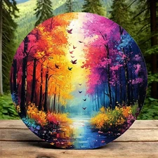 Vintage Autumn Forest River Bird Round Metal Wall Art Landscape