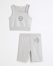 River Island Girls Asymmetric Vest & Shorts Set Silver Ri Active 2 Piece Outfit