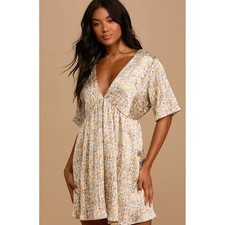 Lulus Floral Mini Dress V Neck Short Sleeve Tie Back Yellow White