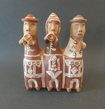 Peruvian Hand Made/ Painted  Clay THREE MUSICIANS., TRI FLUTE/ FIGURINE