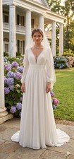 White Chiffon  Lace Boho Long Sleeve Bridal Gown Size 6