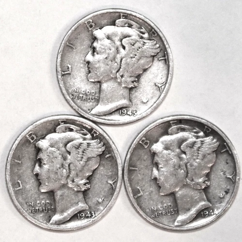 (3) Mercury Dimes - 1943D 1944P 1945P - Very Fine - #2861ED - FREE SHIPPING
