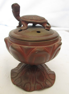 Vintage Cast Bronze Lotus Blossum Incense Burner Turtle On Top