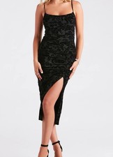 Windsor Formal Velvet Slit Midi Dress Black Bodycon Adjustable Straps Size XS