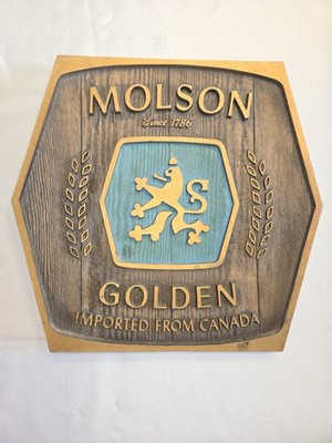 Vintage Wall Hanging Molson Golden Beer Sign Wood Barrel Look 13 1/2 X 14