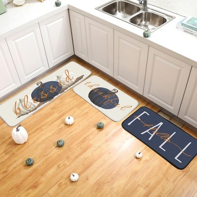 3 Pcs Hello Fall Blue Pumpkins Kitchen Rugs and Mats Set Farmhouse Autumn Kit...