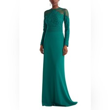 Tadashi Shoji Embroidered Illusion Lace Long Sleeve Sheath Gown Emerald 6 NWT