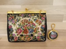 Vintage Stofftasche + Handspiegel Handbestickt  Petit Point Handtasche in OVP