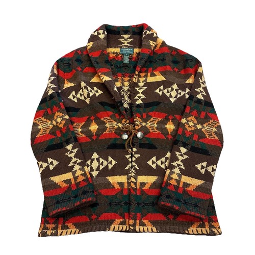 LAUREN RALPH LAUREN AZTEC NATIVE HAND KNIT BROWN WOOL CARDIGAN SWEATER SZ S (92)
