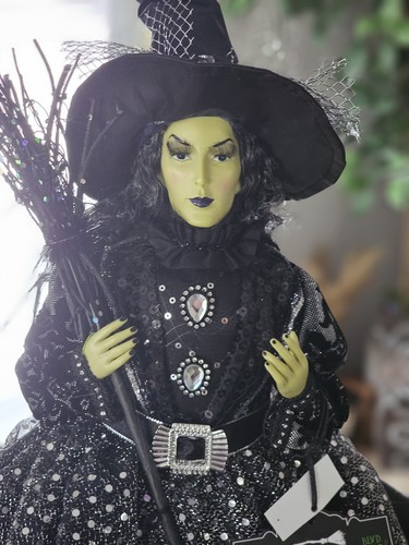 Halloween Witch Broomstick Black Dress Sequins Shelf Sitter Figurine 25” - Picture 5 of 21