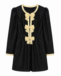 Saloni Navy Sequin Long Sleeve Romper Beige Bow Trim Round Neck US 8