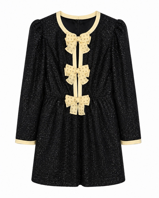 Saloni Navy Sequin Long Sleeve Romper Beige Bow Trim Round Neck US 8