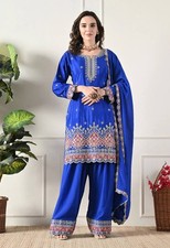 Presenting New Chinon Blue Top Bottom With Dupatta For Women  Girls Wear