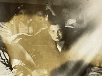NG Photograph 1941 Over Exposure Light Women In Bed Smoking Drinking Boy Smiles