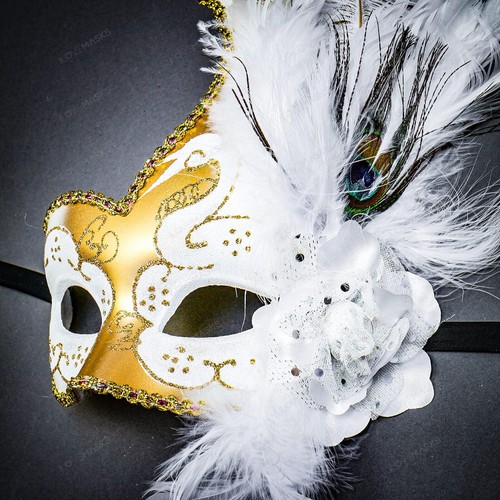 Venetian Side Ostrich Feather Mardi Gras Masquerade Women Party Eye Mask Costume - Picture 36 of 51