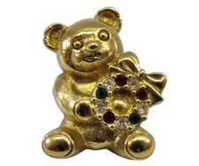 Vintage Avon Gold Tone Red Green Christmas Wreath Teddy Bear Pin