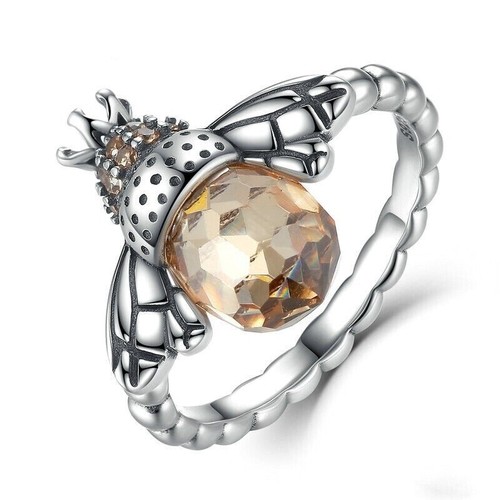 Champagne Solitaire Crystal Queen Bee Silver Ring Band Size 6 - 11 Free Gift Box - Picture 10 of 16