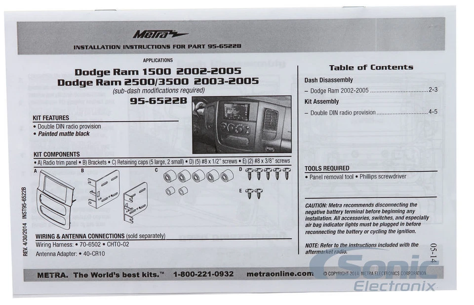 Metra 95-6522B Double DIN Dash Installation Kit For Select 2002-05 Dodge Ram Foto 3 de 4