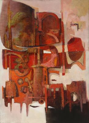 Oskar D'Amico, Red Abstract Construction, Oil on Canvas, signed