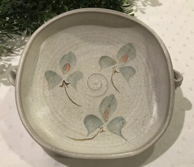 Handmade Studio Art Pottery 9.0  Round Handled Dish Soft Gray with Design - NEW