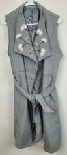 Hazel Anthropolgie Womens Vest Large Gray Embroidered Tie Belt Sleeveless Boho