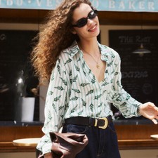 Women 100 Real Mulberry Silk Long Sleeve Floral Striped Button Shirt French Top