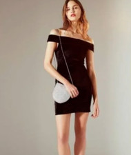 Urban Outfitters Off the Shoulder Bodycon Mini Dress Black Velvet XS-TP VTG Y2K